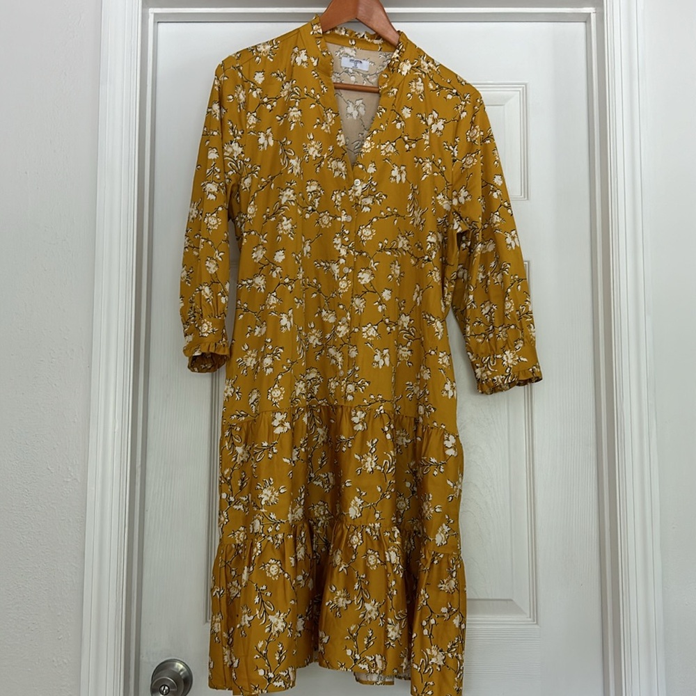 UNTUCKit Jane Shirt Dress Womens 12 Yellow Floral Tie Tiered V-Neck Long Sleeve - Picture 6 of 10